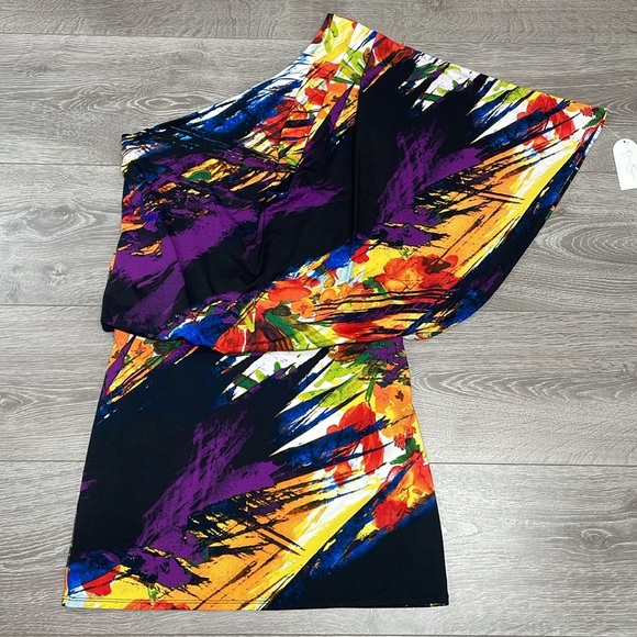 NWT Jessica Simpson One Shoulder Draped Mini Dress Multicolored Abstract S - Picture 7 of 16